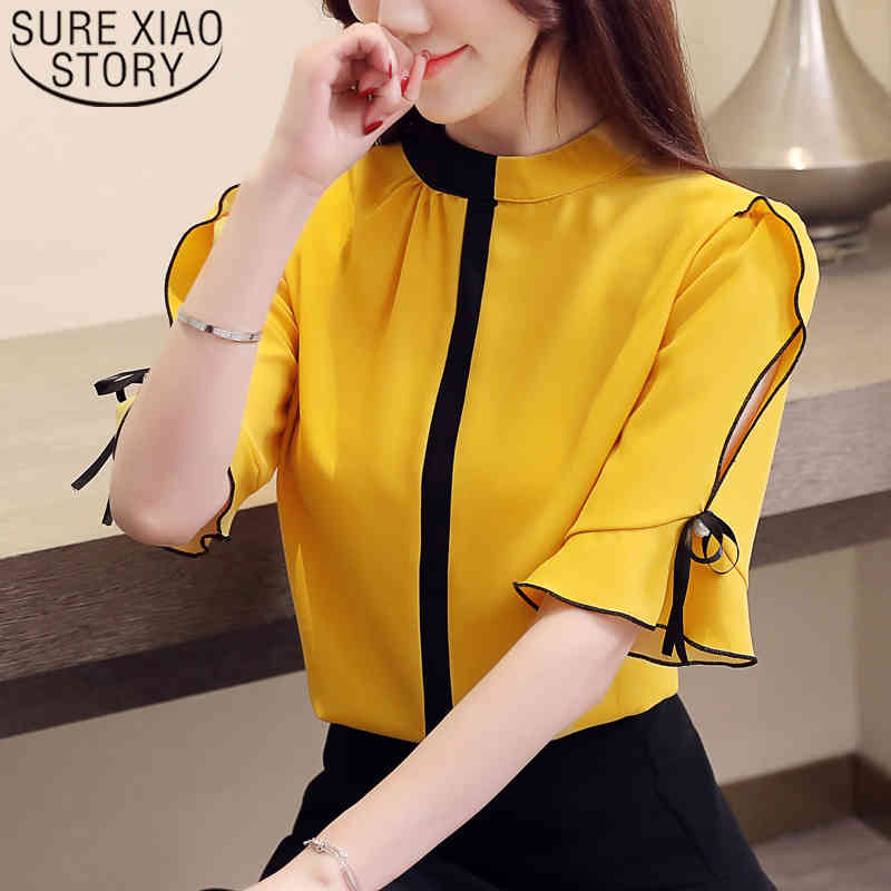 Summer Large Size Loose Solid Color Chiffon Blouse Women Short-Sleeve Stand Collar All-match Ladies' Shirt 8956 50 210506