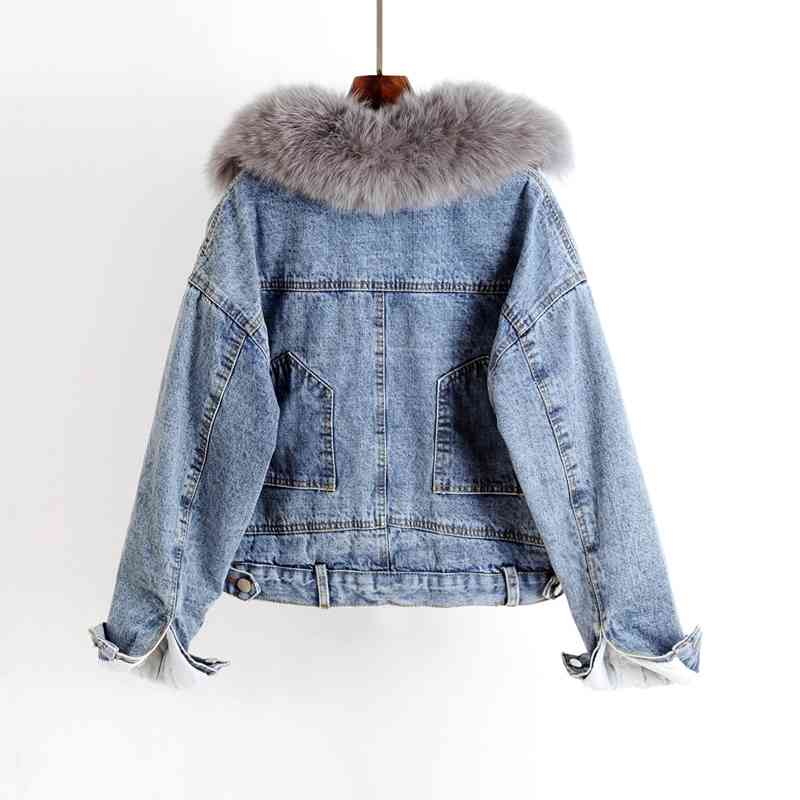 Winter Casual Solid Real Fur Collar Denim Jacket Female Loose Single Breasted Plus Velvet Thickened Parkas Women 210514