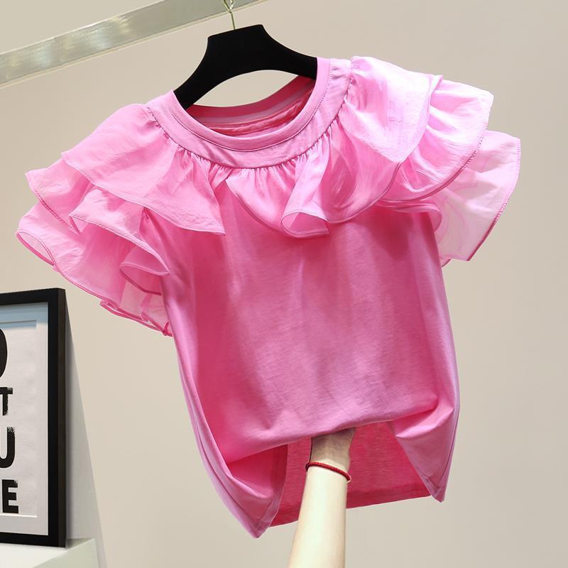 Summer Japanese Style Ruffle Patch T-shirt Fashion Tops Women Casual All-match Short-sleeved T-shirts Chic Tee Femme 210519