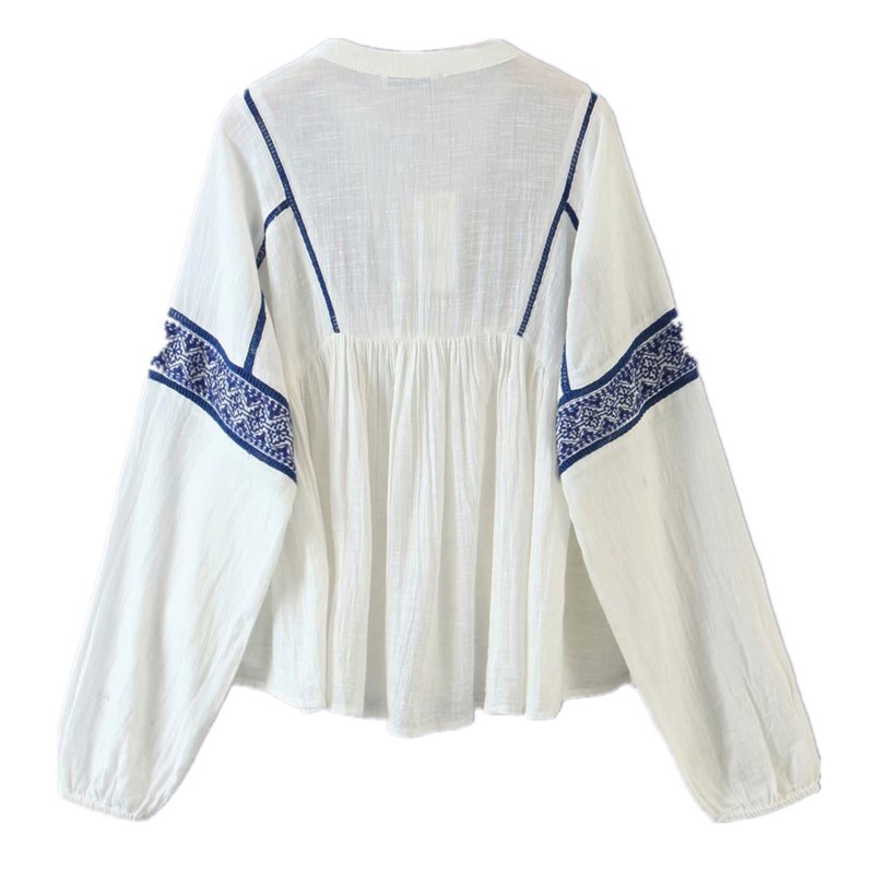 Autumn Women Bohemian Pullover Embroidery Shirt Ethnic Long Sleeve V-Neck Lacing Up BOHO Blouse Holiday Tops Femme Blusas White 210429