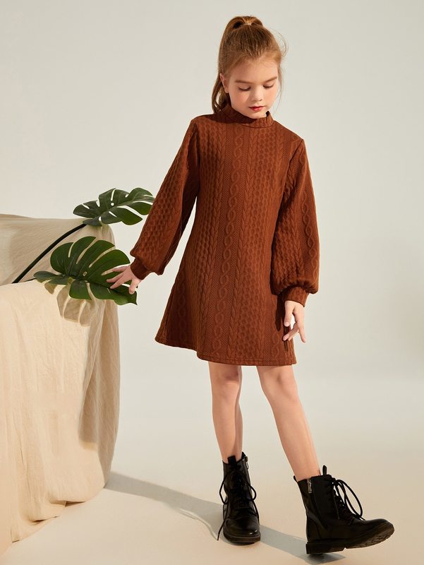 Girls Cable Knit Mock Neck Lantern Sleeve Dress Without Belt SHE