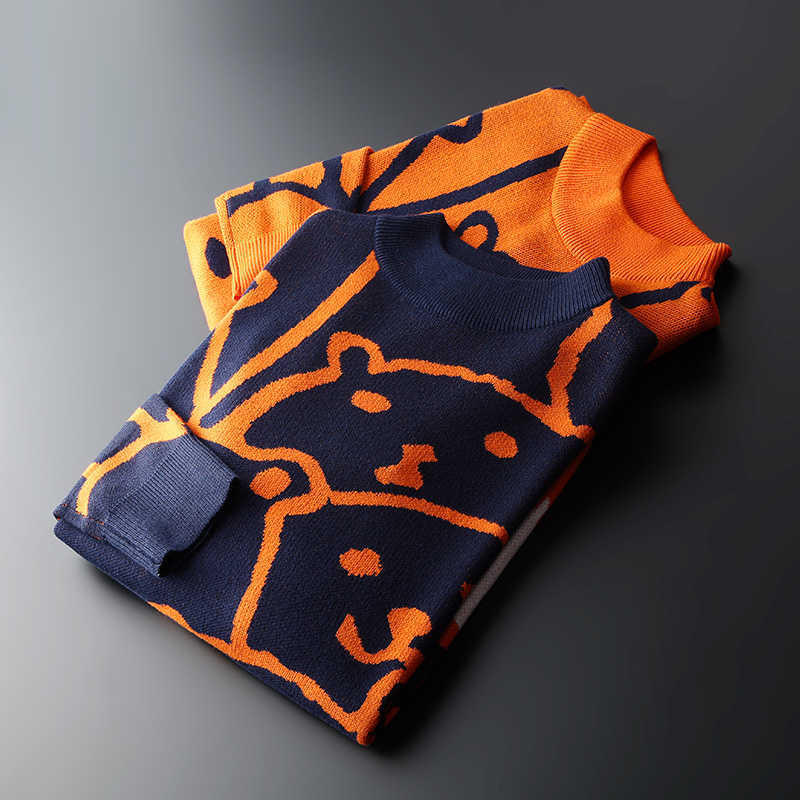 Mens Autumn Casual Sweaters Polar Bear Pattern Trendy Slim Sweaters Cotton Long Sleeve Round Collar Male Warm Pullovers Orange 211008
