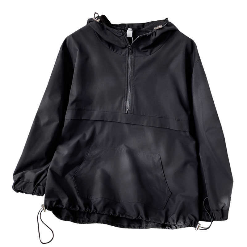 Spring Clothes Lazy Style Top Women's Black Half Zipper Hooded Sportswear 210809