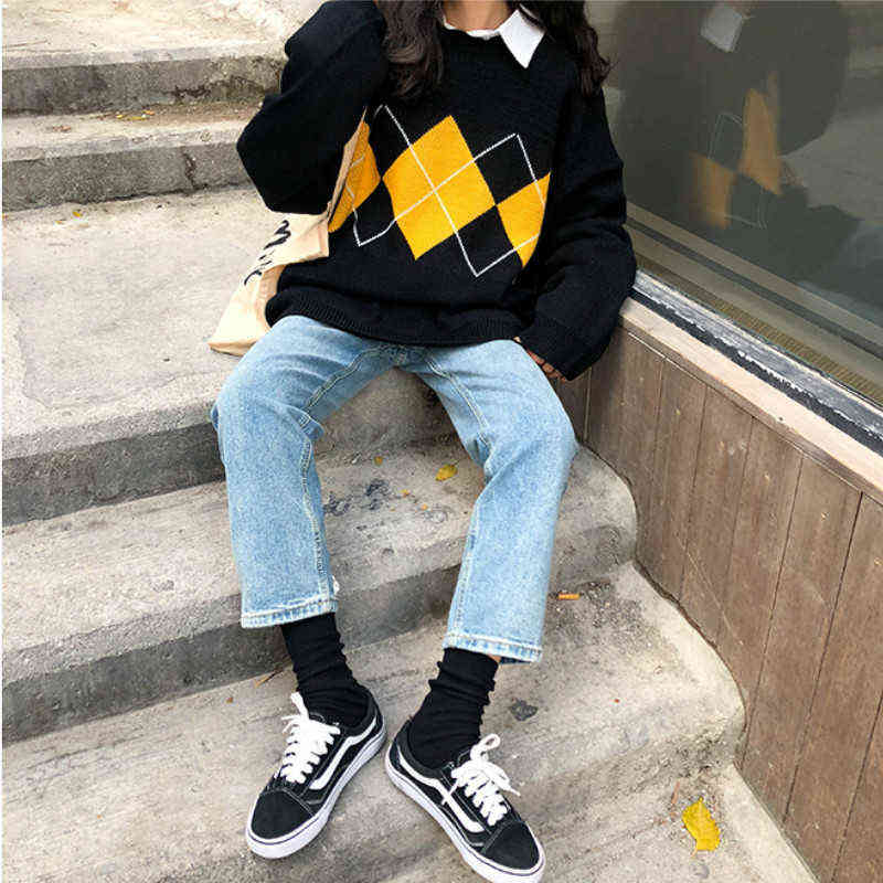 Women Argyle Knitted Sweater Autumn Winter O-Neck Oversized Pullovers Korean Preppy Style Loose Jumper Female Casual Sweaters 211218wtt