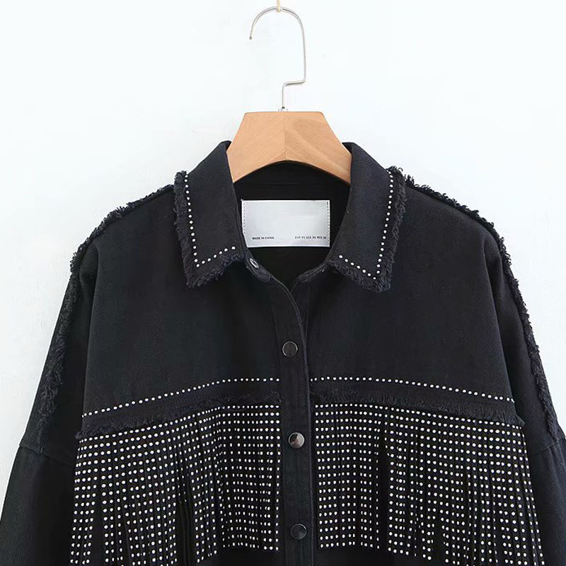 Black Studded Fringed Denim Shirt-style Women's Jacket Simple Large Size Autumn Lapel Long Sleeve Female Coat 210507
