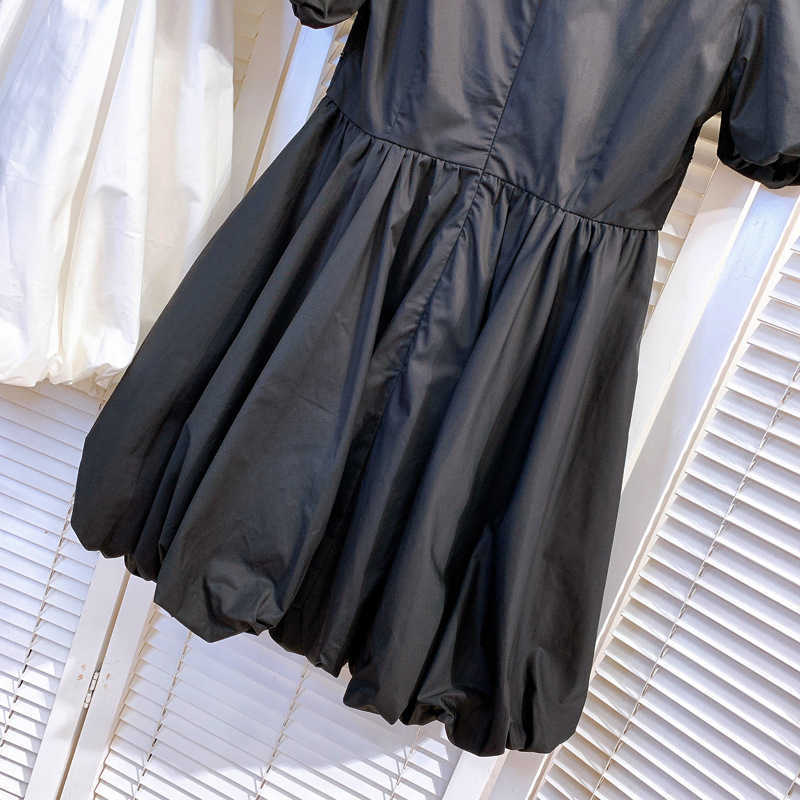 DEAT Women Black Beaded Dress V-Neck Short Puff Sleeve Arrivals Lady Temperament Fashion Spring Summer 11D675 210709