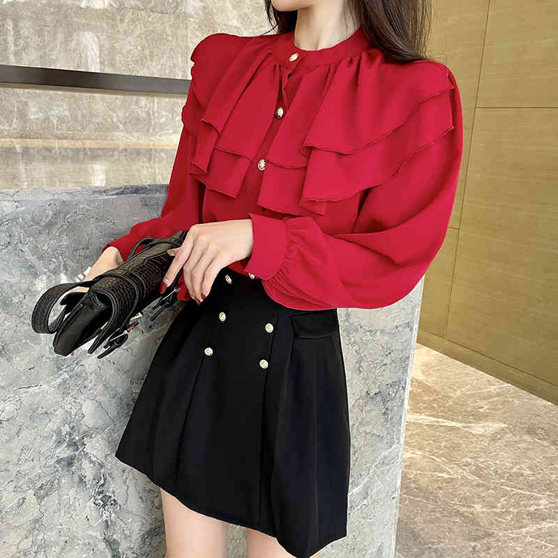Spring Two piece set Women Red Ruffles Patchwork Long Sleeve Chiffon Shirt Top + Black A-line Mini Skirt Suits 210519