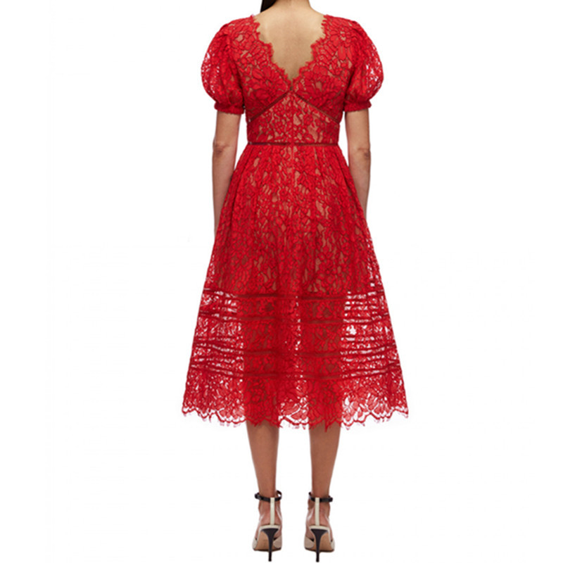 Fashion Runway Summer Short Sleeve Lace Long Dresses Women Vintage Vacation Beach Mid-Length Vestido Da Festa 210520