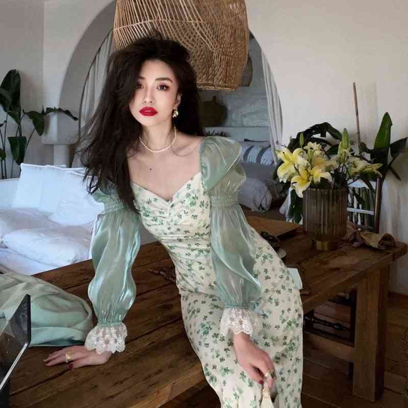 Summer Chiffon Lace Floral Dress Women Green Puff Sleeve Vintage Midi Dress Elegant Evening Party Dress Korean 210521