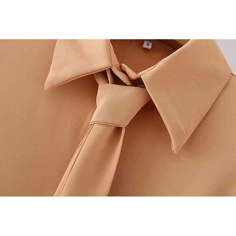 Elegant Women Solid Pink Shirts Fashion Ladies Necktie Pleated Tops Streetwear Female Chic Button Loose Blouses 210430