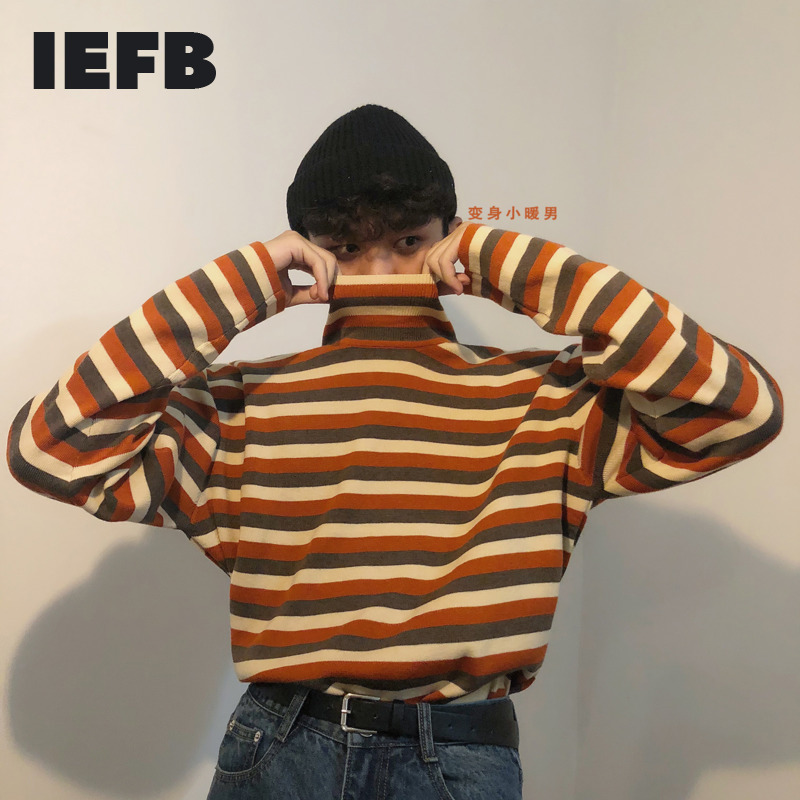 IEFB / men's and women's wear Turtleneck Knitting long sleeve thin sweater vintage spring Loose Stripe tops 9Y1211 210524