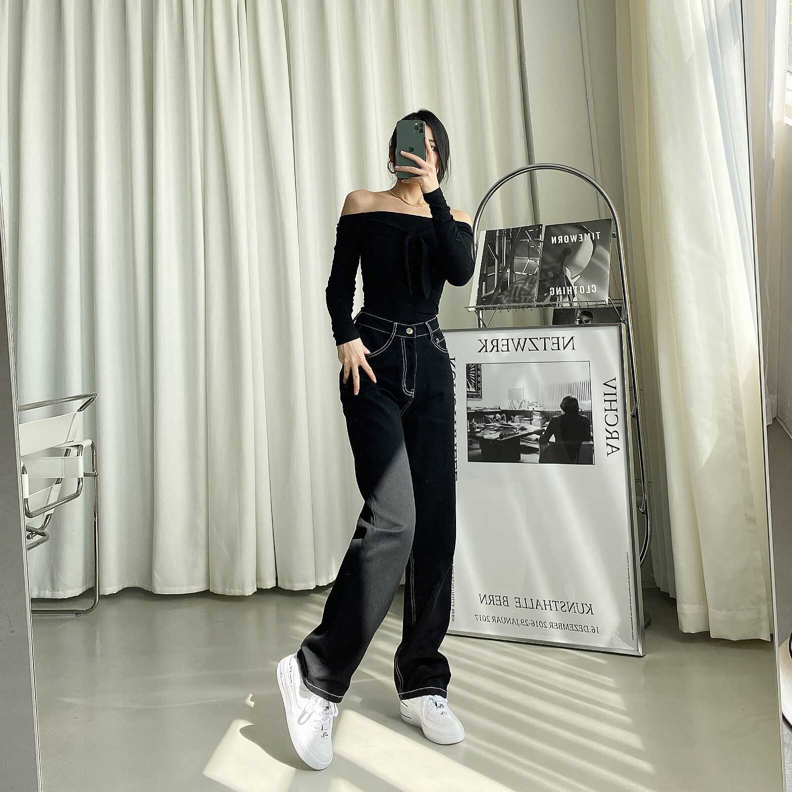 Korean Fashion White Jeans for Women High Waist Long Streetwear Trousers Straight Leg Pants Denim Ladies Baggy Femme Black 210809