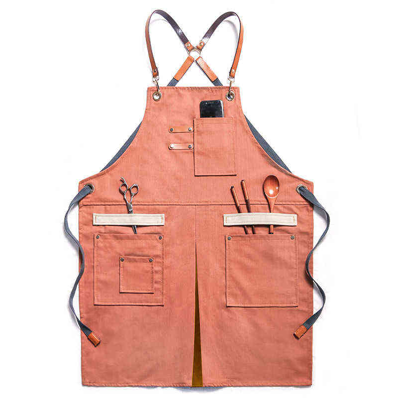 Solid Canvas Master Apron For Kitchen Accessories Pocket Cafe Pinafore House Cleaning Baking Cooking Work Hairdresser 211222