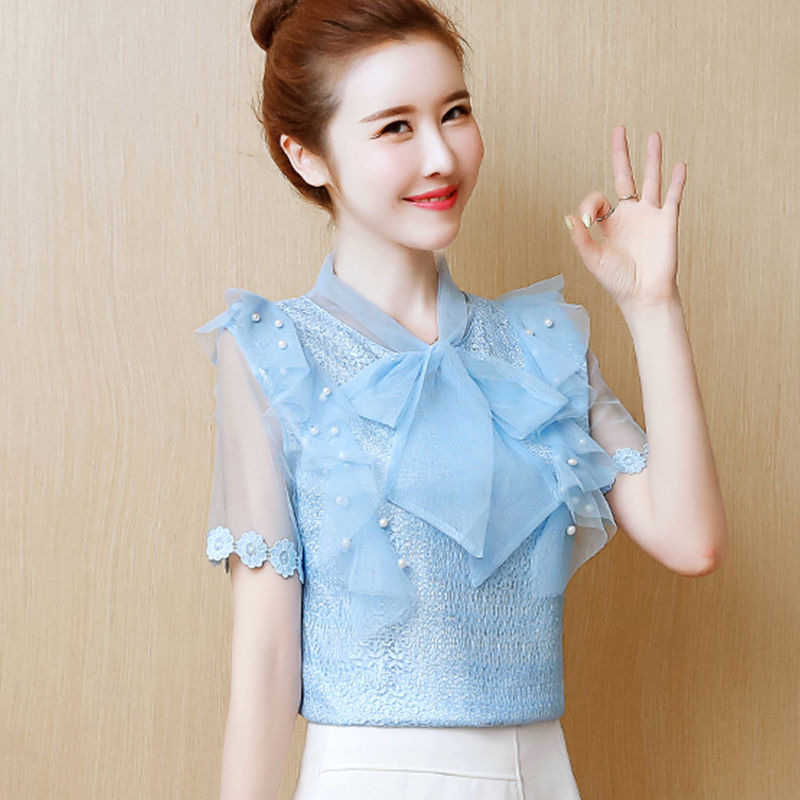 Spring Summer Korea Fashion Women Chiffon Shirt Sweet Cute Ladies Tops Plus Size Lace Blouses Elegant slim D224 210512