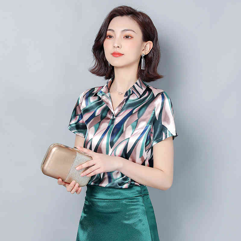 Fashion Print Shirt Plus Size Women Clothes Summer Short Sleeve Office Lady Tops Satin Blouse Blusas 9230 50 210506