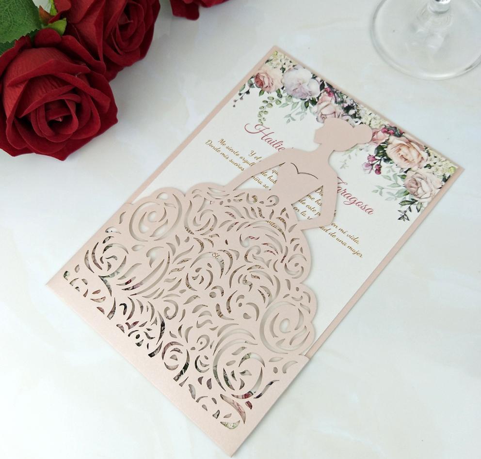2021 Blush Pink Flower Printing Girl Quinceanera Invitations with Envelope, 20+Color Shiny Princess Sweet Fifteen Birthday Party Invites