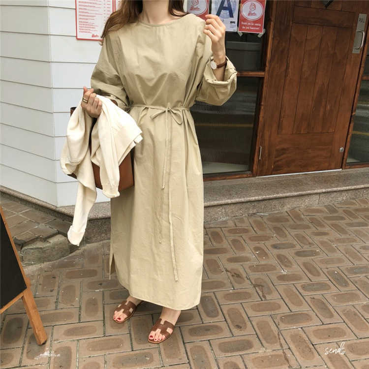 Retro Simple Solid Loose O Neck Hem Split Long Lace-up Slim Dress for Women 210615Z