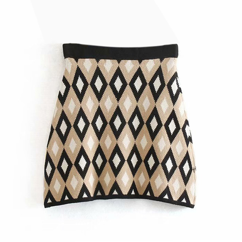 Elegant Geometric Print Women Sweater Skirt Casual Ladies Mini Vintage Female Short Office Suit Saia Mujer 210515