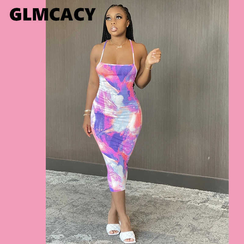 Women Tie Dye Printed Halter Backless Bodycon Dress Slim Fit Backless Sexy & Club Night Out Dresses 210702