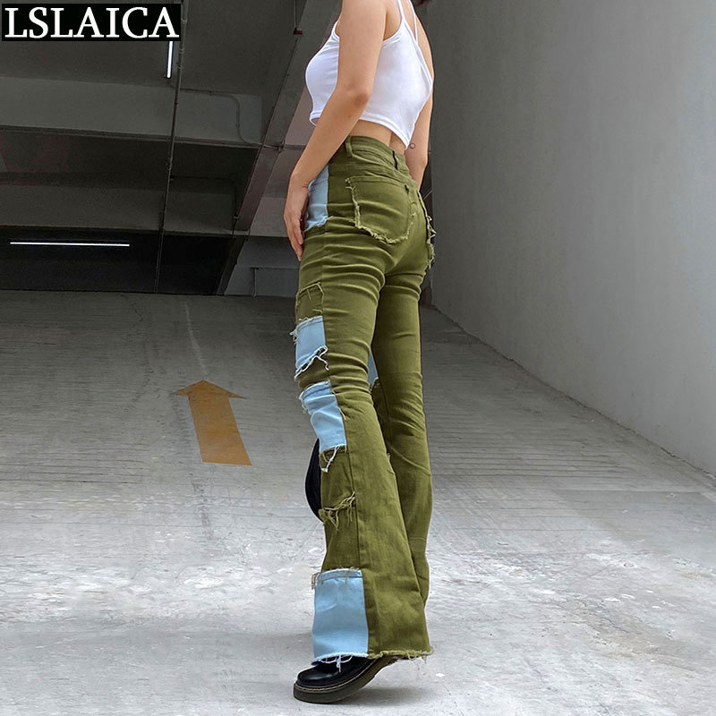 Bell Bottomed Jeans Casual Skinny Patchwork Fashion Sale Trousers Women Pocket Color Matching Pantalones Para Mujer 210515