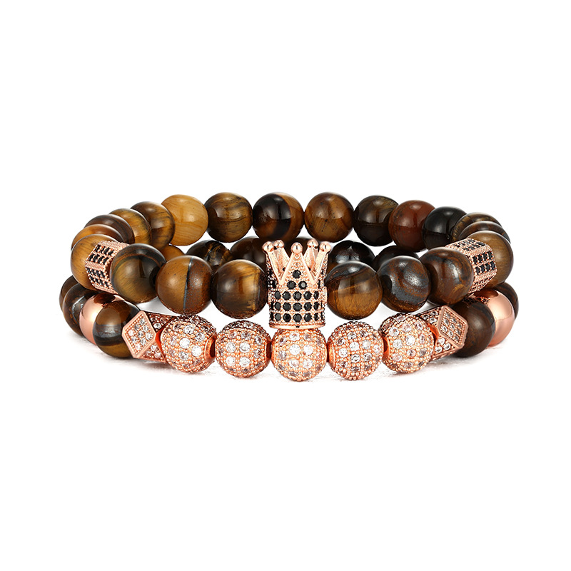 High Quality Tiger Eye Beads Strands Gold Plated Copper Crown Charm Bracelet Jewelry for Men Gift