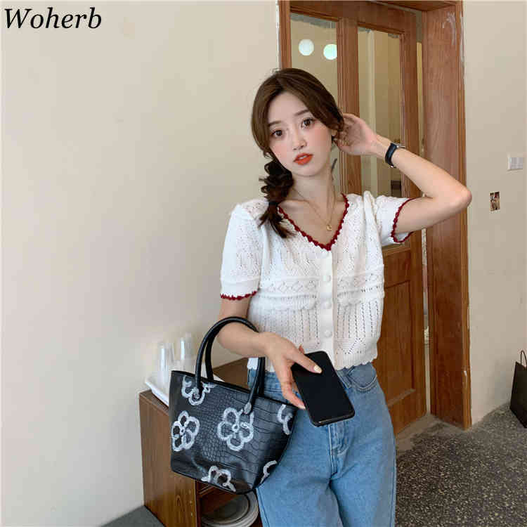 Summer Knitted Crop Cardigan Tops Women Korean Elegant Vintage Short Sleeve Ladies Jumpers V-neck Sweater Femme 210519
