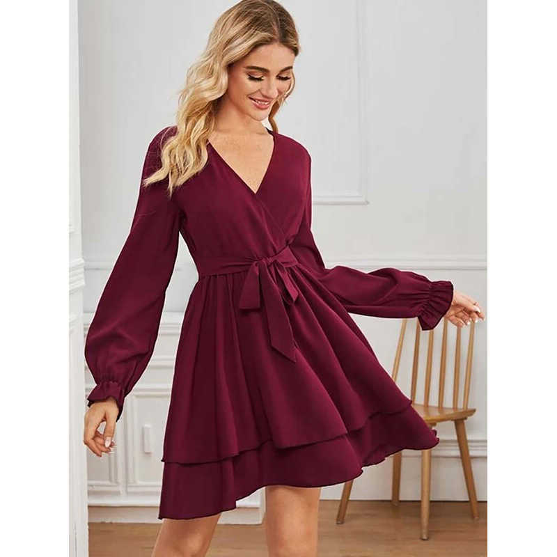 Elegant Spring Autumn Women Dress Solid Sexy V-Neck Long Sleeve Ruffle Office Lady Mini Dress With Belt W752 210526, Wine red
Elegant Spring Autumn Women Dress Solid Sexy V-Neck Long Sleeve Ruffle Office Lady Mini Dress With Belt W752 210526, Wine red