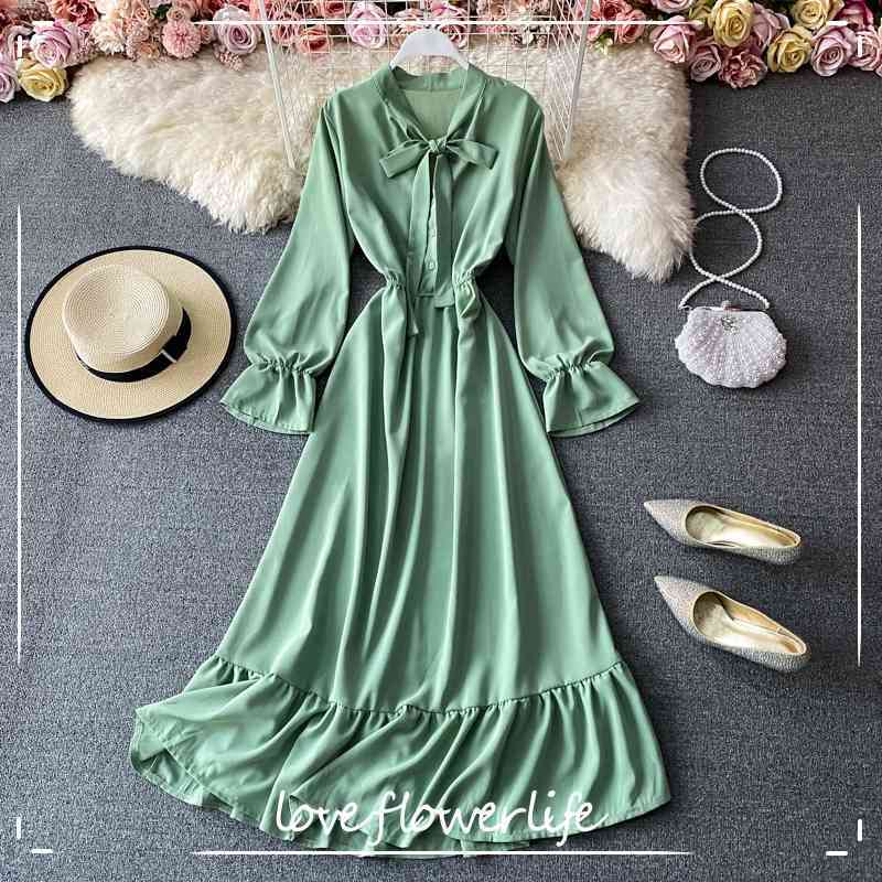 LoveFlowerLife French Dress Autumn Princess Dress Fall Butterfly Tie Collar Long-sleeved A-line Sweet Flounce Dress 210521