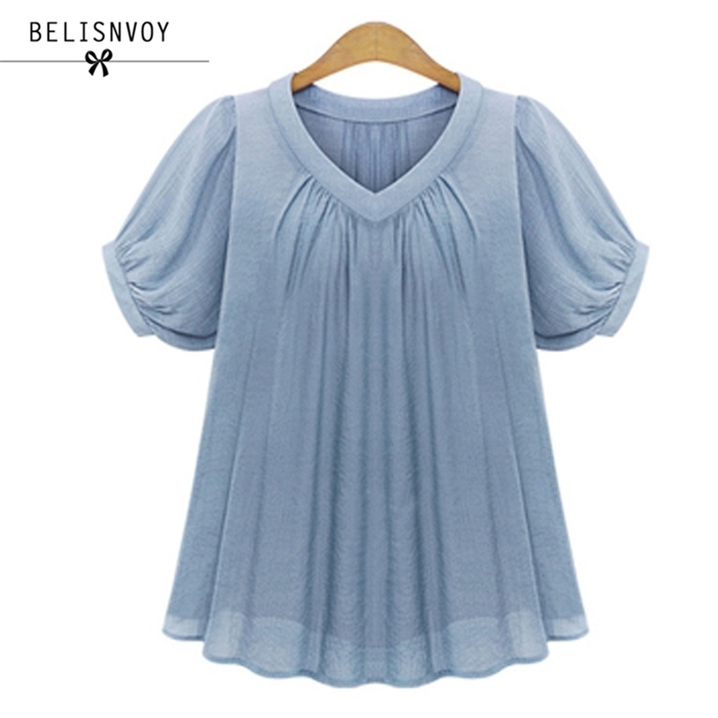 Plus Size  Summer Women Blouses Short Sleeves Pleat Chiffon Female Tops European Style Casual Loose Shirts Blusas 210520, Black 
Plus Size  Summer Women Blouses Short Sleeves Pleat Chiffon Female Tops European Style Casual Loose Shirts Blusas 210520, Black