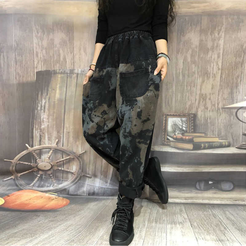 Autumn Arts Style Women Elastic Waist Loose Casual Jeans Splice Vintage Print Cotton Denim Harem Pants Female S264 210922