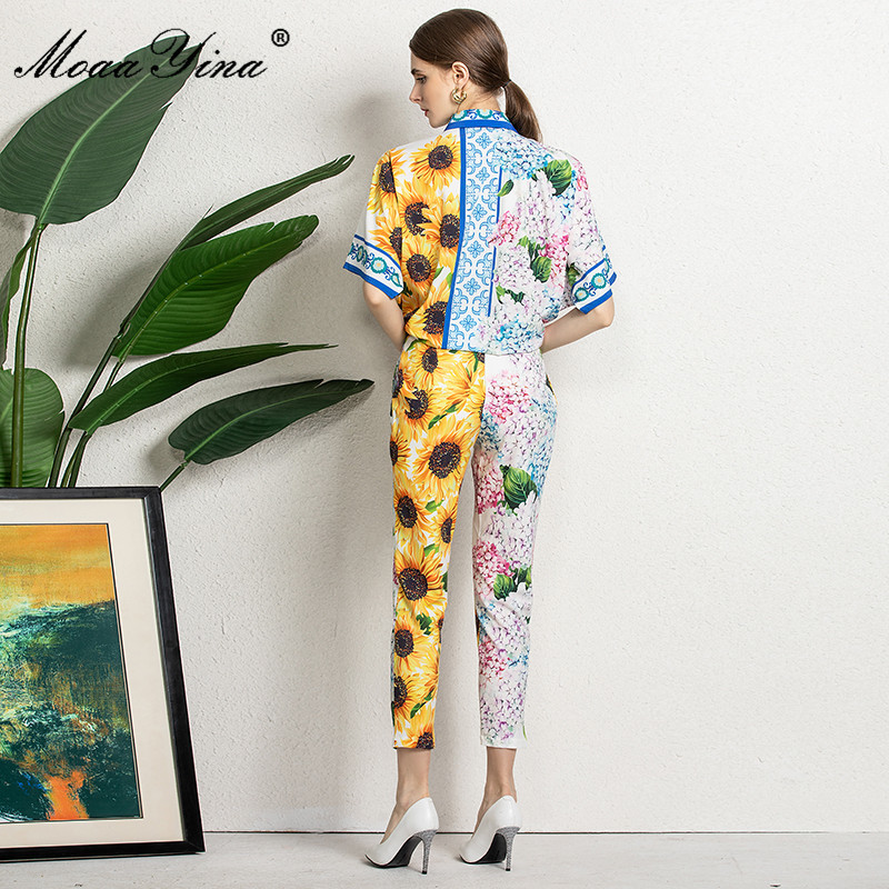 Runway Elegant Floral print Vintage Set Women's Summer Short sleeve Loose Blouses Tops and Pants Two-piece suit 210524