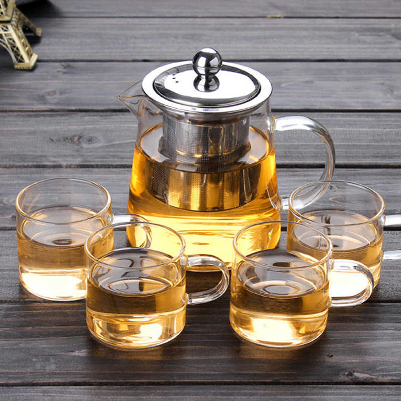 5Sizes Good Clear Borosilicate Glass Teapot With 304 Stainless Steel Infuser Strainer Heat Coffee Tea Pot Tool Kettle Set 210621