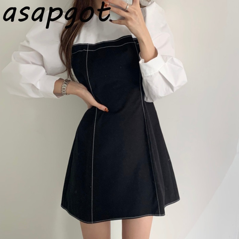 Autumn Vintage Plus Size Casual Dress Short Contrast Color O Neck Puff Sleeve Patchwork Vestido De Mujer Chic Korea Fashion 210429