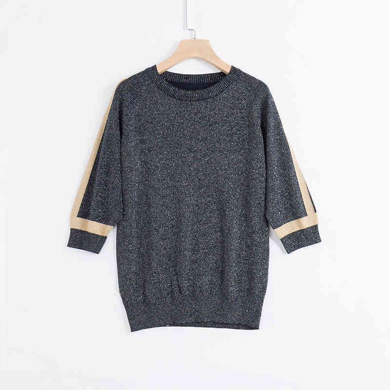 O-Neck Short Sleeve Bright Silk Knitted T-Shirt Women Thin Side Stripe Pullover Female Plus Size 4XL Summer Loose Knitwear Tops 210522