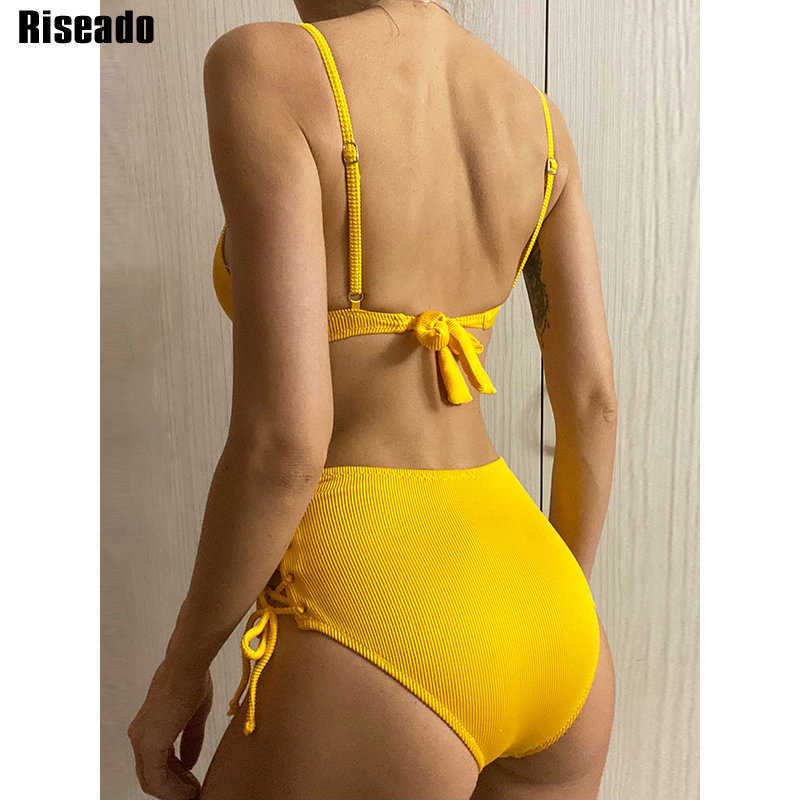 Riseado High Waist Bikini Push Up Swimwear Women's Swimsuit Yellow Bikinis Lace Sexy Biquini Strap Bathing Suit Summer 210625