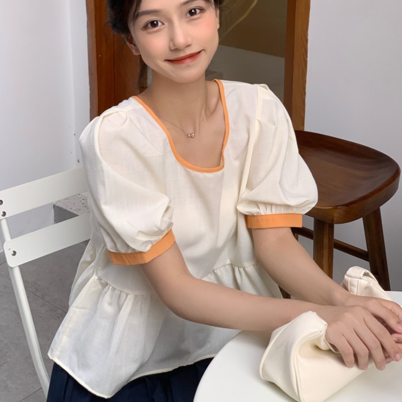 Korea Summer Women's Fashion Sweet Blouse Contrast Patchwork O-Neck Puff Sleeve Casual Loose Shirt Female 210519