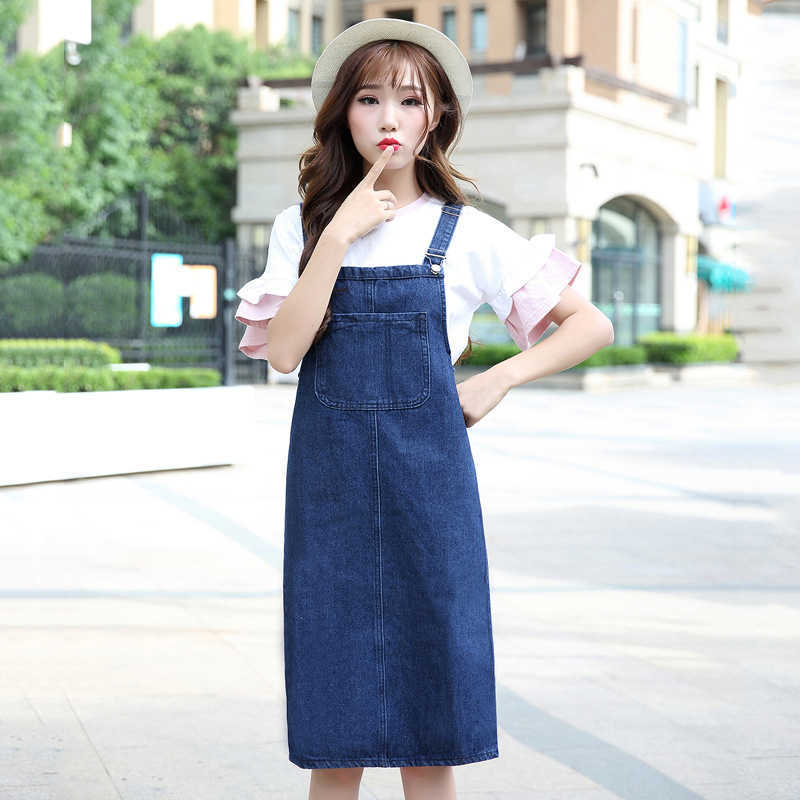 Large Pocket Denim Dress for Women Summer Adjustable Strap A-line Back Split Knee-length Loose Korean Vestido Blue 210604