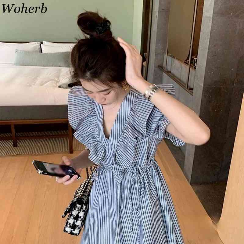Vintage Elegant Striped Print Bandage Dress Summer V-neck Ruffle Patch Dresses Short Sleeve Mini Robe Vestidos 210519