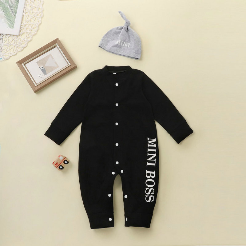 baby Bodysuit KIDS Jumpsuits +hat one-piece romper children&#039;s Pure cotton black 2-piece suit Fashion printing mini boss от DHgate WW