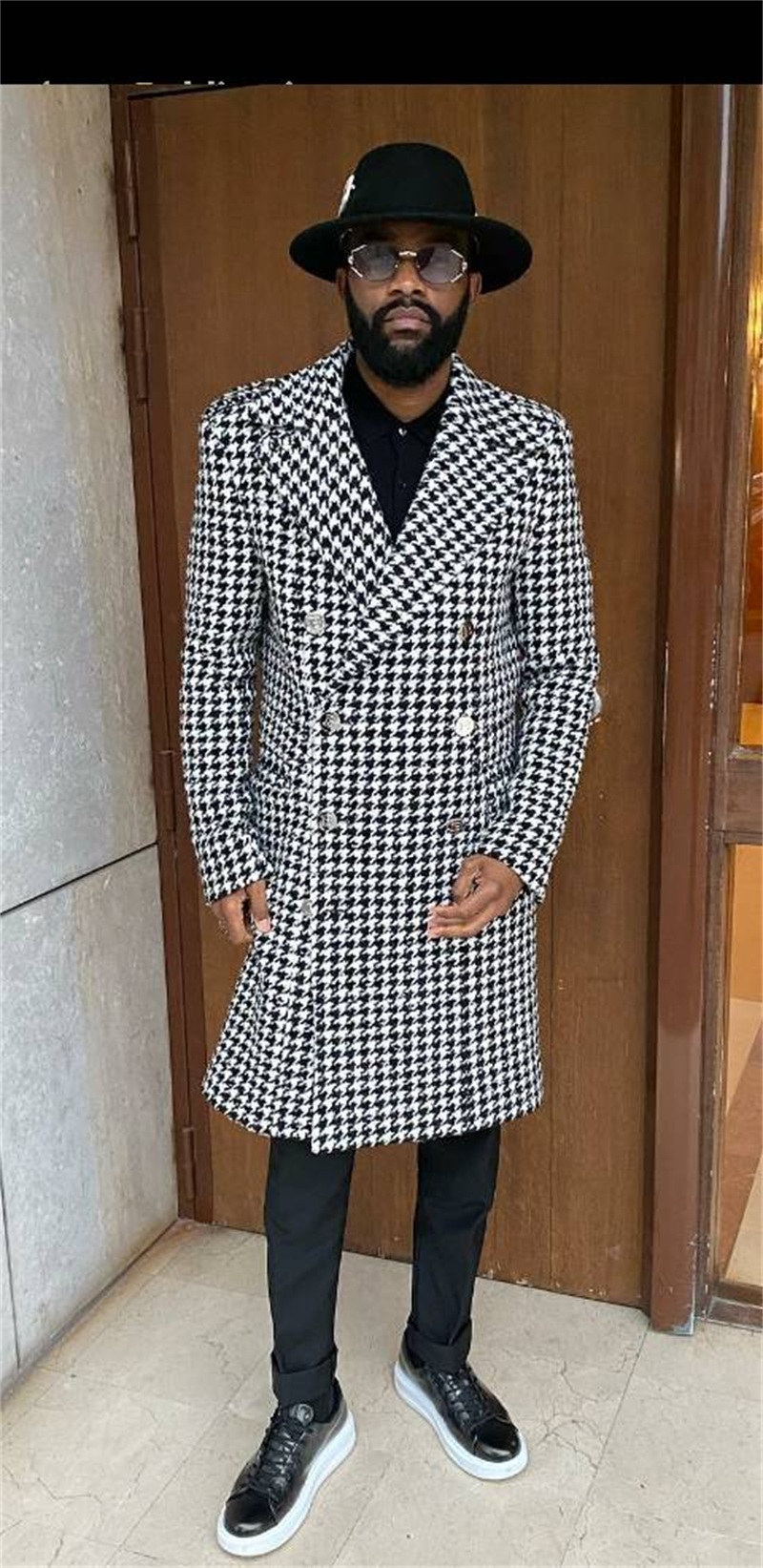 Houndstooth Design Men Suits Formal Casual Custom Made Fit Party Long Coat Real Image Handsome Double Breasted Jacket