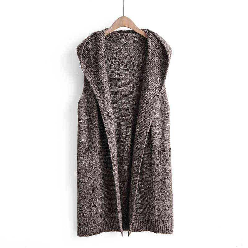 Women Outwear Knitted Vest Hooded Autumn Winter WaistCoat Long Solid Open Stitch Sleeveless Cardigan Female Vests Sweater 211120