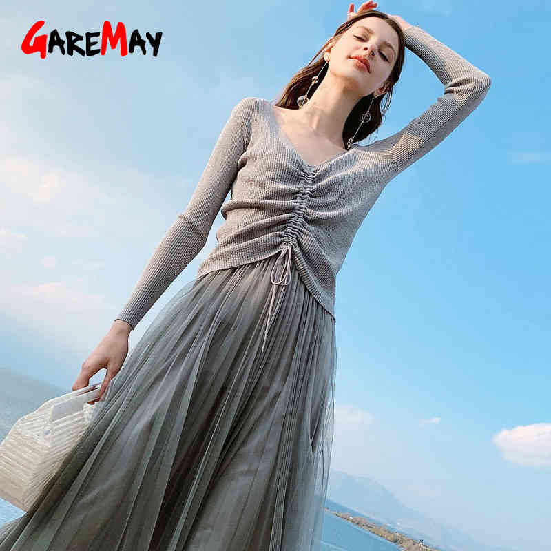 Lace Up Sweater Women Long Sleeve Short Knitted s White V Neck Ribbed Cropped Jumper Spring Pullover 210428