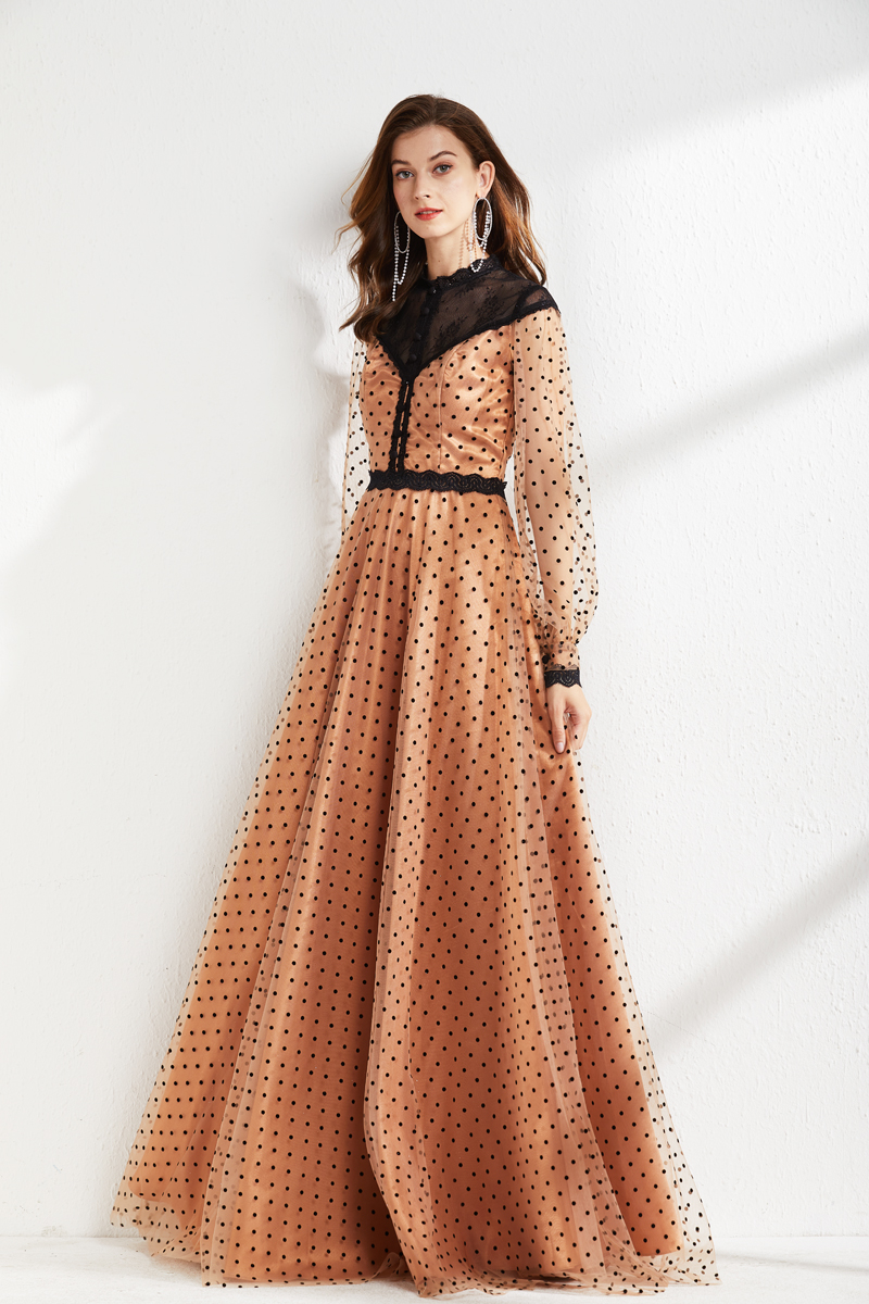 Women's Runway Dresses O Neck Long Sleeves Lace Patchwork Polka Dots Printed Elegant Maxi Floor Length Party Prom