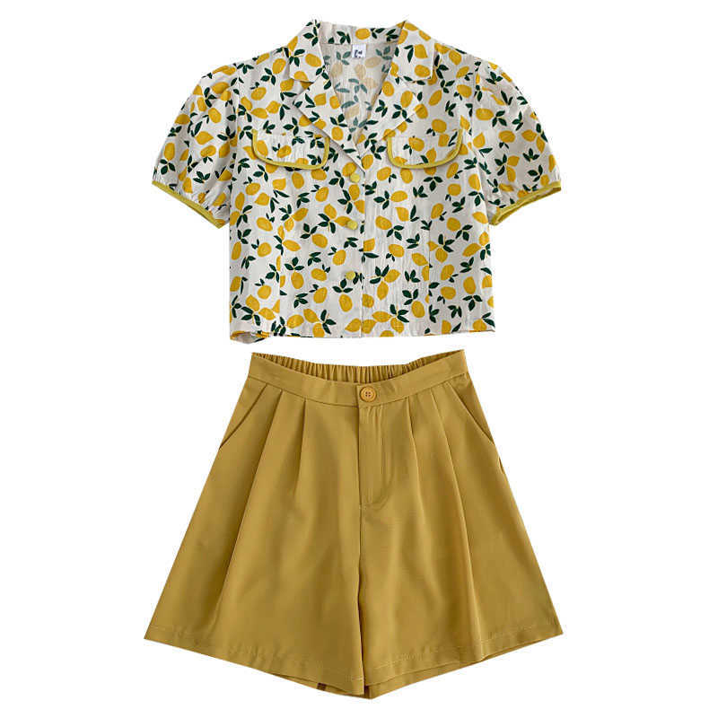 LY VAREY LIN Summer Women Casual Printing Notched Single Breasted Short Shirts Tops+high Waist Wide Leg Shorts Two Piece Set 210526