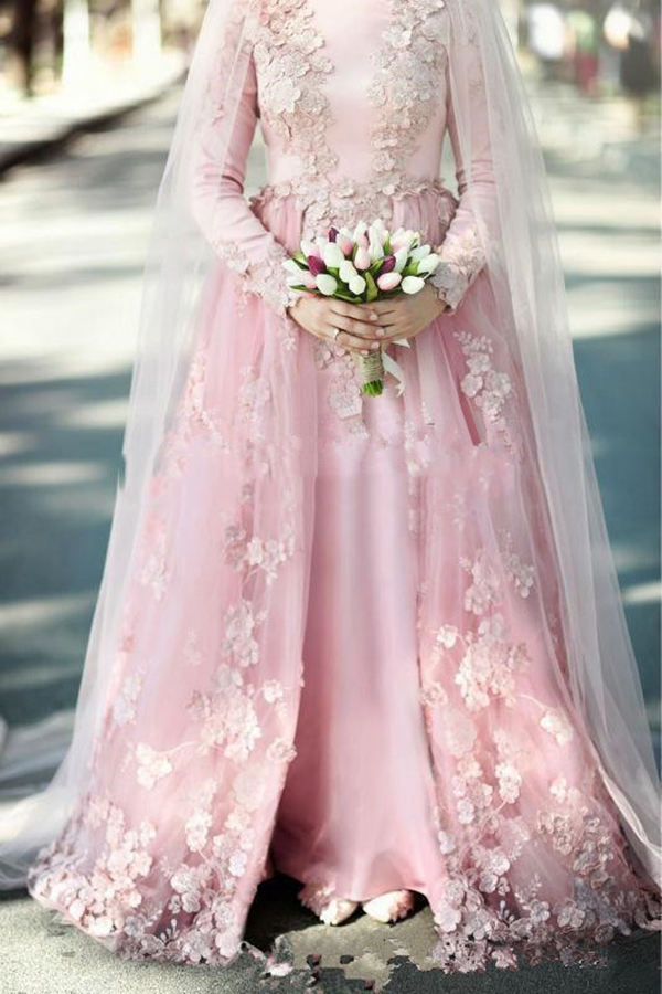 Pearl Pink Muslim Wedding Dresses Bridal Gowns 2021 A Line High Neck Long Sleeves 3D Floral lace Dubai Arabic Without Hijab Bride Dress