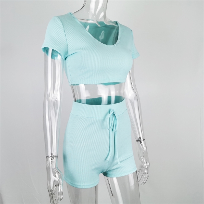 Summer Women Fashion Blue 2 Two Pieces Sets Sexy O Neck Short Sleeve Mini Tops& Shorts Out Wear Casual Lady 210423