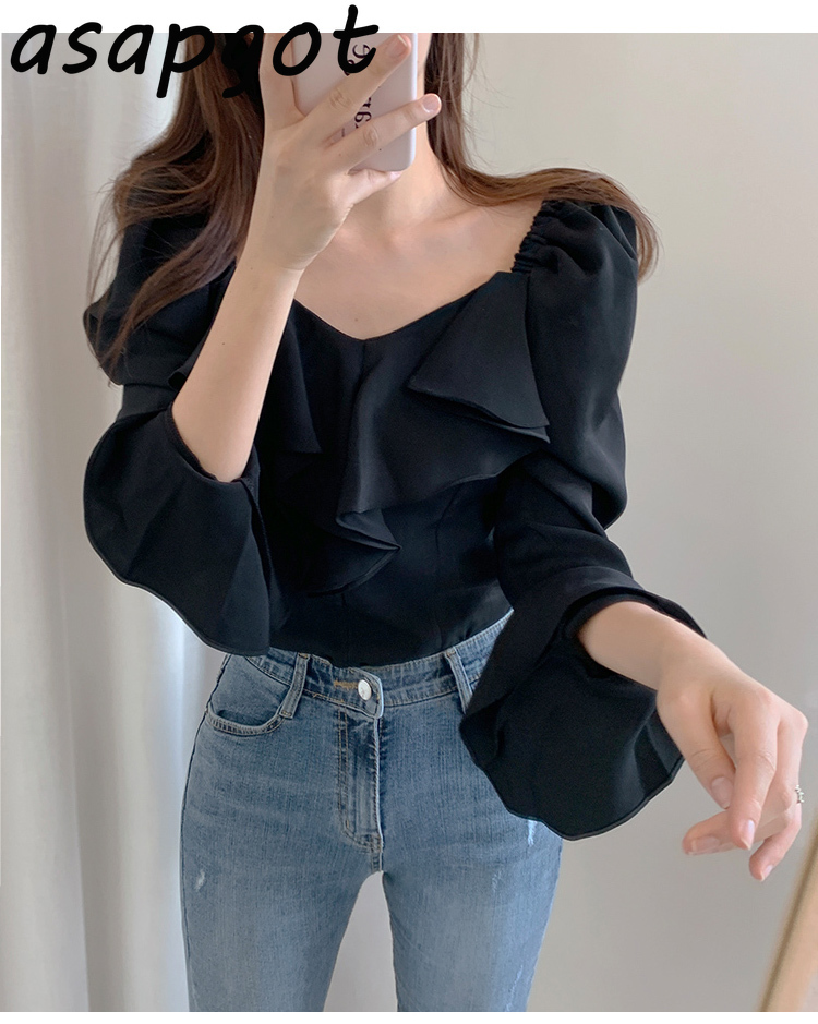 Temperament Shirts & Blouses Retro Slim V Neck Flare Sleeve Blouse Women Clothing Full Khaki Tops Elegant Chic Blusas De Mujer 210429