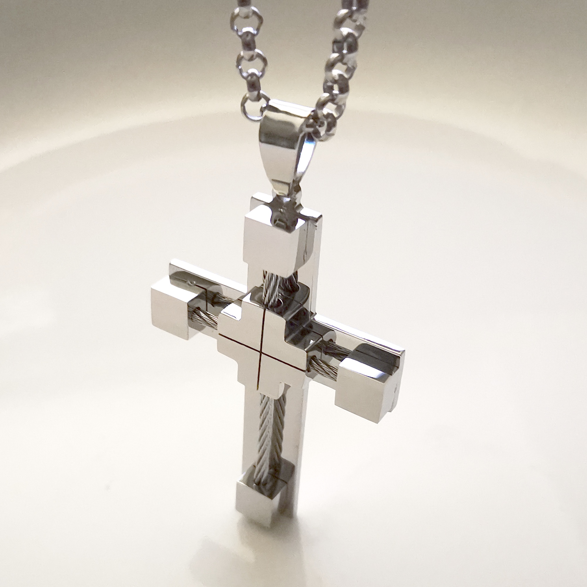 Men's Cross Necklace 316L Stainless Steel Jesus Christ Pendant White/Gold/Rolo Chain Jewelry 4MM 24 INCH