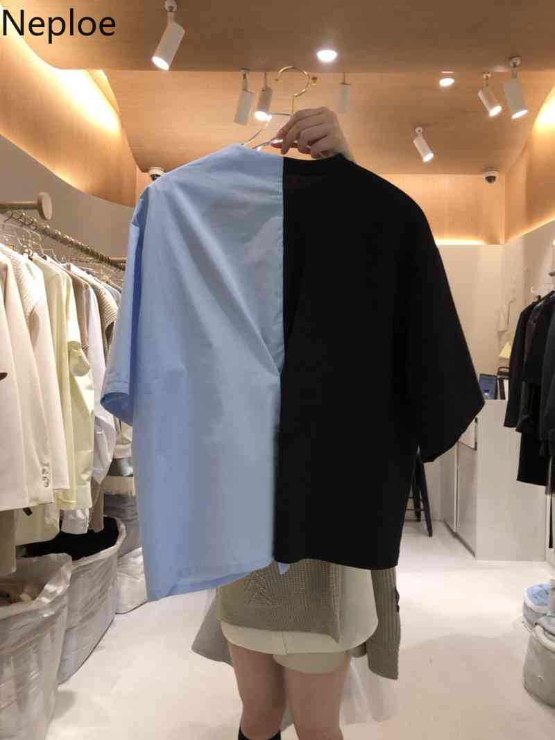 Neploe Korean Tops Summer Women Fashion Clothing O-neck Irregular Shirt Patchwork Contrast Color Tees Loose Casual Tshirt 210422