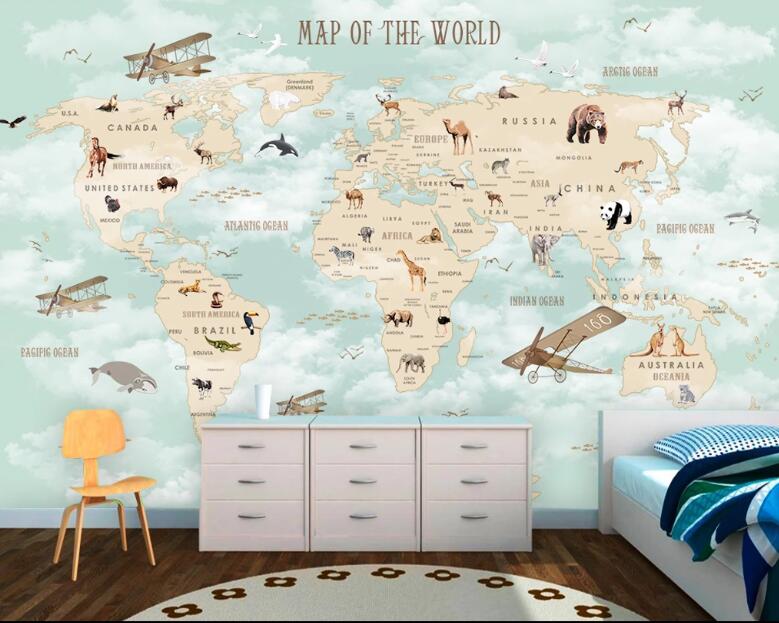 Custom wallpaper world map background wall decoration children's room map hot air balloon background 3d wallpaper mural